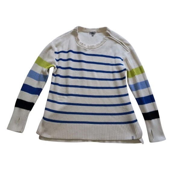 T By Talbots Sweater Women's XL Ivory Multi Stripe Crewneck High Low Thumb Holes - Picture 1 of 12